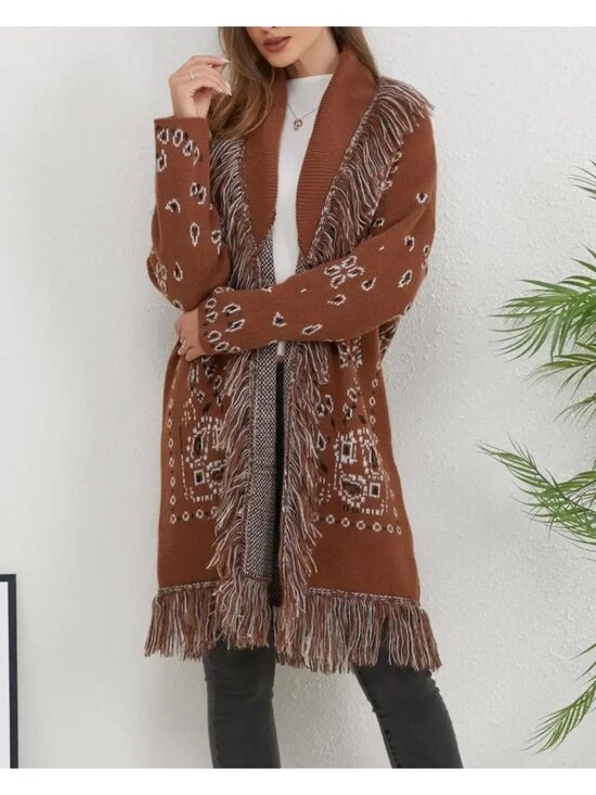 Sweaters - Western Fringed Ethnic Jacquard Cardigan